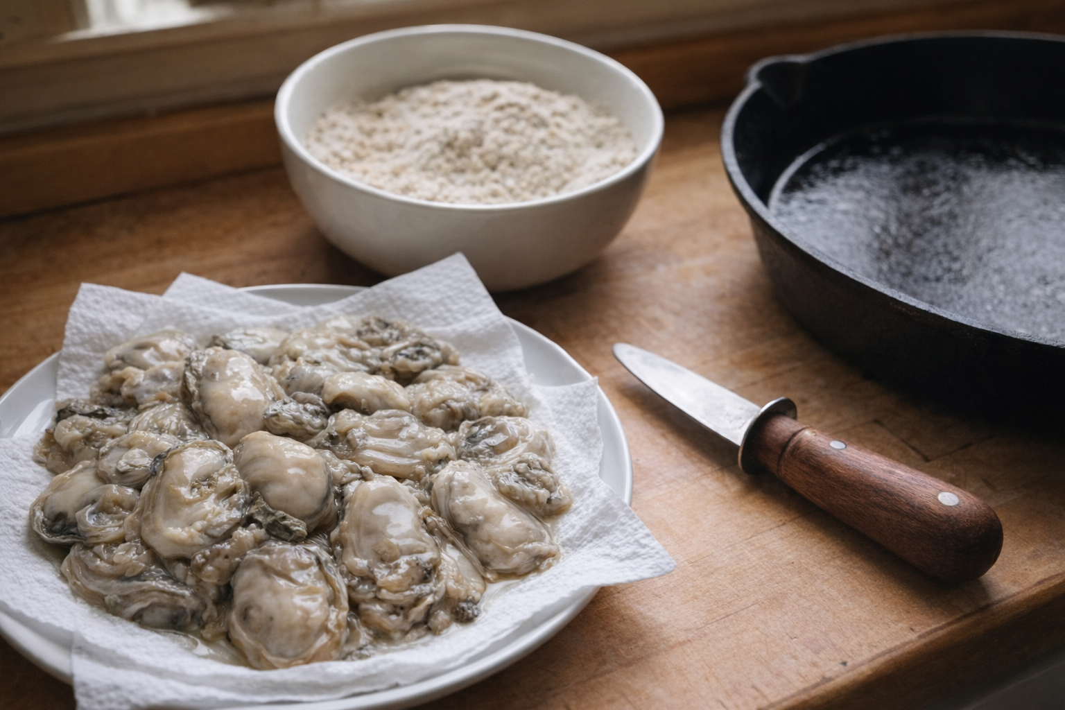 A shot of raw, shucked oysters on a paper towel-lined plate, seasoned flour in a bowl, oyster knife, and a cast iron skillet. Natural light from a nearby window